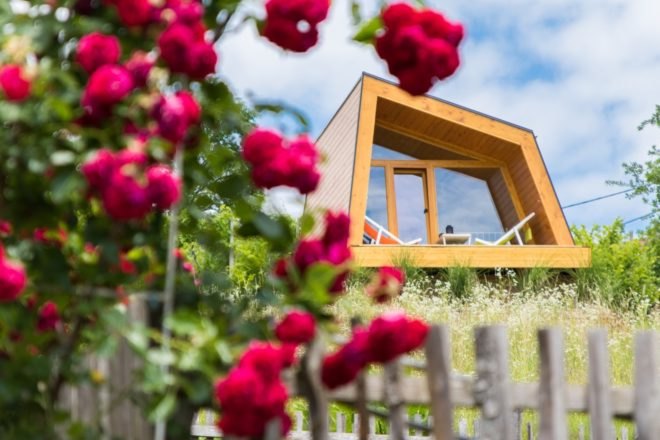geometric cabin with front deck and pink flowers in foreground