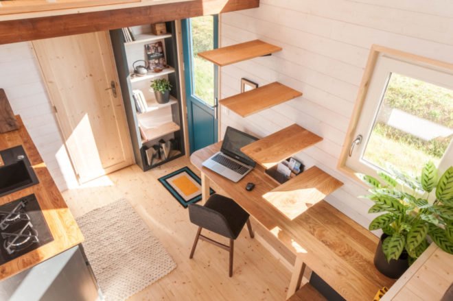 floating stairs from ground-floor desk to loft
