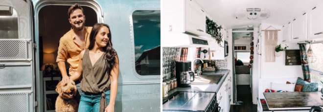On the left, man, woman and dog standing outside an airstream. On the right, bright Airstream interior with white walls and a small kitchen and dining space.