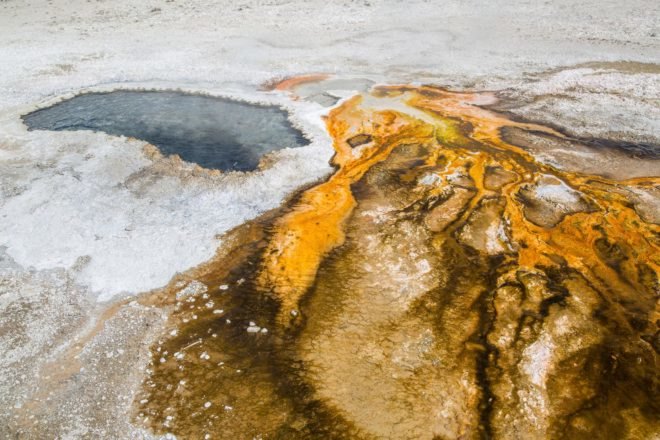 Ear Spring geyser and colorful bacterial mats near the geyser