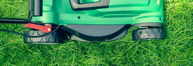 green push mower on a grassy lawn