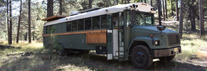 long dark green school bus in forest