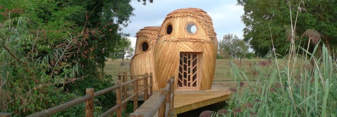 wood walkway leading to wood tiny home in the shape of two owls