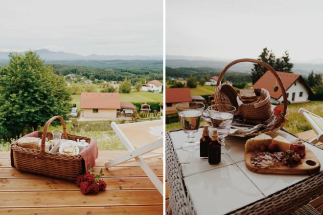outdoor shot of picnic basket on a table
