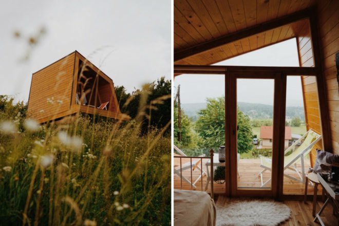 On the left, small wooden cabin on grassy meadow. On the right, wood cabin interior with glazed front facade