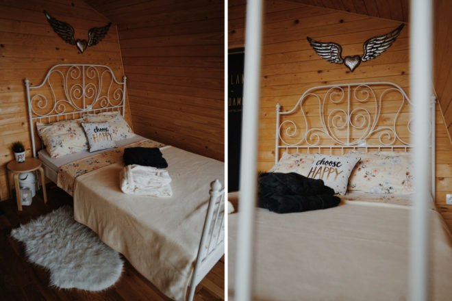 a large bed with metal bed frame