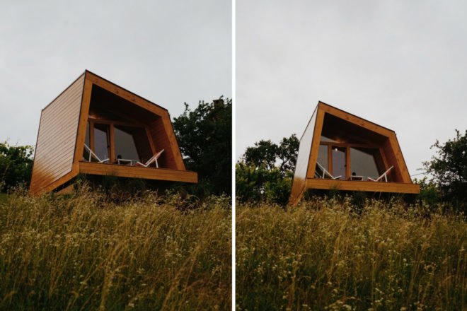 geometric wood cabin with front deck