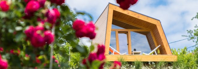 geometric cabin with front deck and pink flowers in foreground