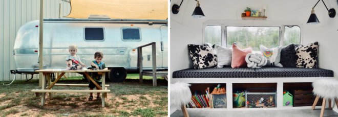 On the left, kids playing in front of an airstream. On the right, black and white sofa with several throw pillows.