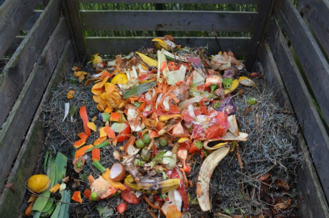 Wood compost bin filled with discarded food scraps
