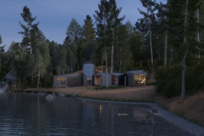 lakeside structure made of prefabricated modular units