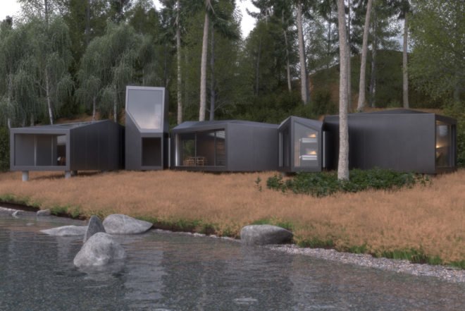 lakeside structure made of prefabricated modular units