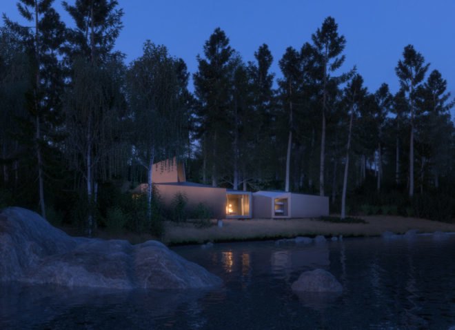 lakeside structure made of prefabricated modular units