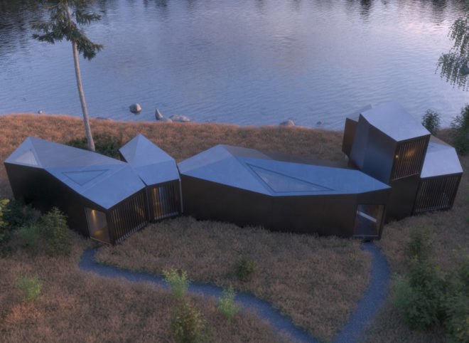 lakeside structure made of prefabricated modular units