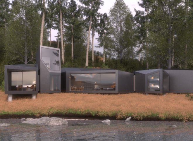 lakeside structure made of prefabricated modular units