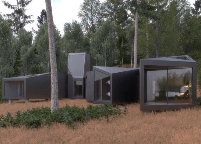 lakeside structure made of prefabricated modular units