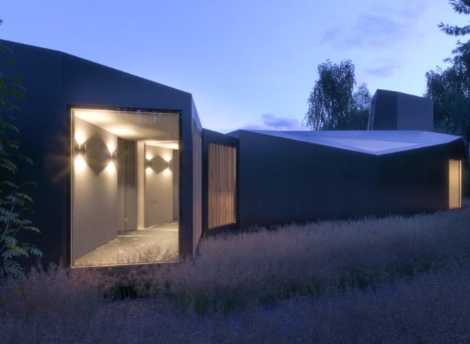 lakeside structure made of prefabricated modular units