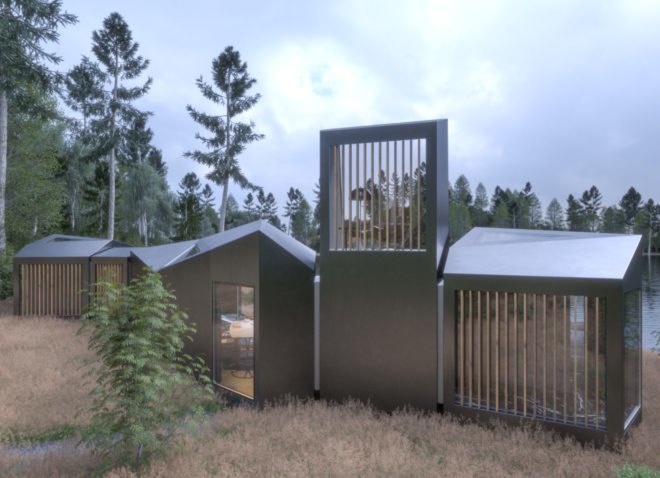 lakeside structure made of prefabricated modular units