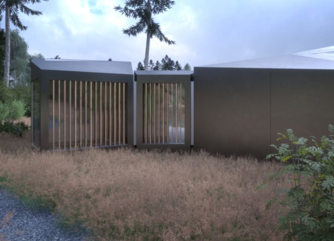 lakeside structure made of prefabricated modular units