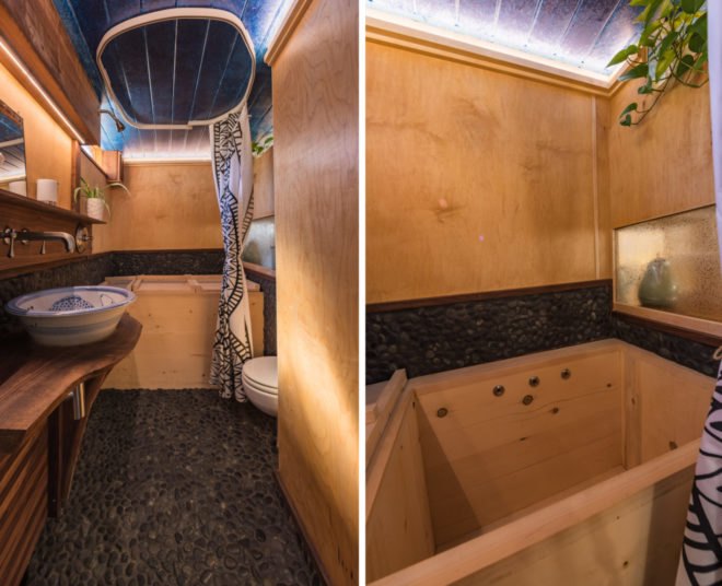 a bathroom with a Japanese soaking tub