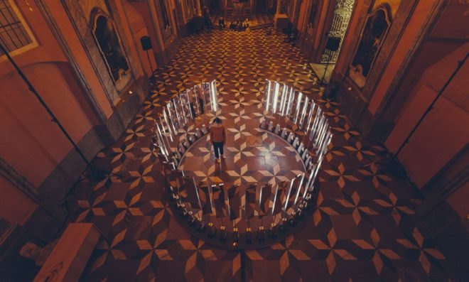 circle of lights in a chapel
