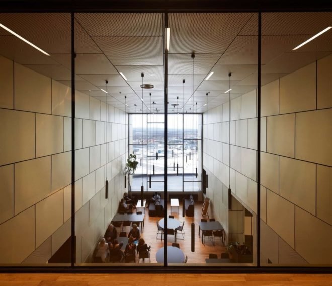 aerial view of room with tables and chairs