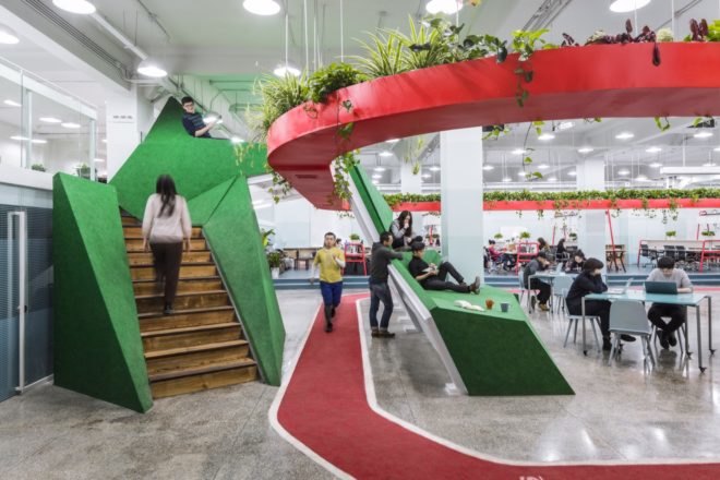 red track path around an office