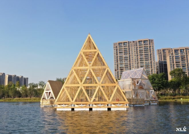 wood triangular structures on water