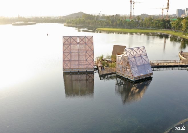 floating wood structures near a boardwalk