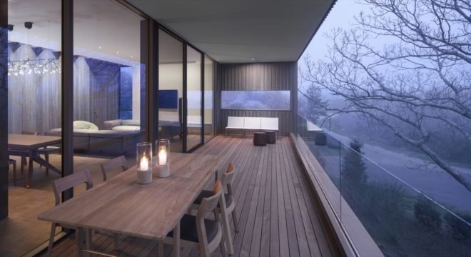 wood deck with wood dining set and a white bench