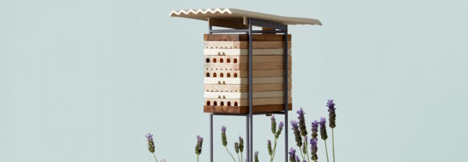 small wood shelter with blue background