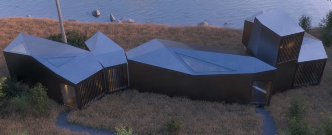 lakeside structure made of prefabricated modular units