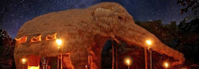 elephant-shaped villa made out of thatch