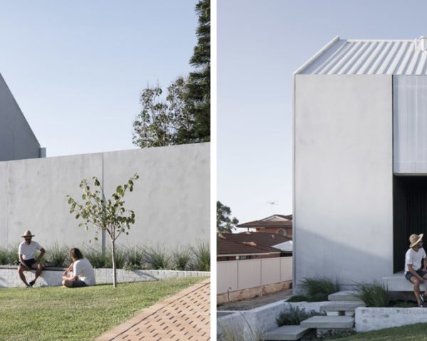 On the left, concrete home with two people sitting on a ledge. On the right, concrete home with two people sitting in a large entryway.