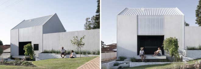 On the left, concrete home with two people sitting on a ledge. On the right, concrete home with two people sitting in a large entryway.