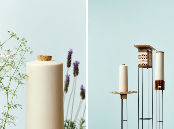 On the left, a white bee shelter near lavender. On the right, three white and wood bee shelters.