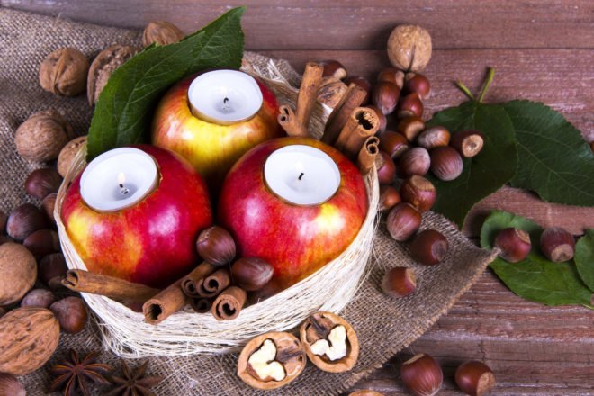 apples carved open to hold candles