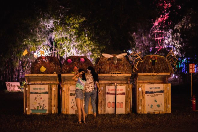 decorated cans for food waste, recyclables, beverage cans and water boxes