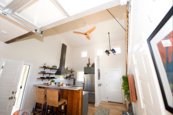 kitchen space with ceiling fan