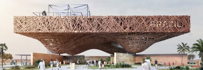 rendering of pavilion made from tree branches