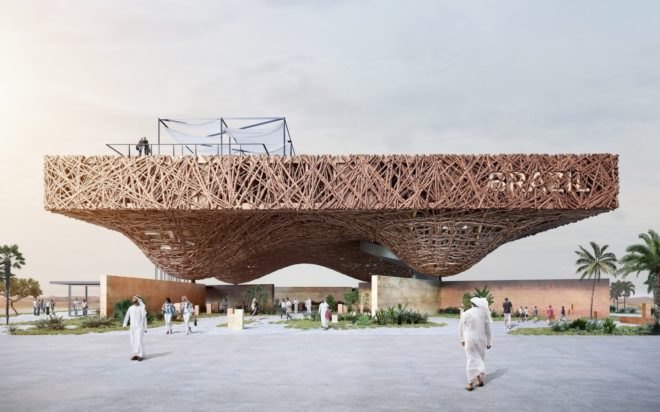 rendering of pavilion made from tree branches