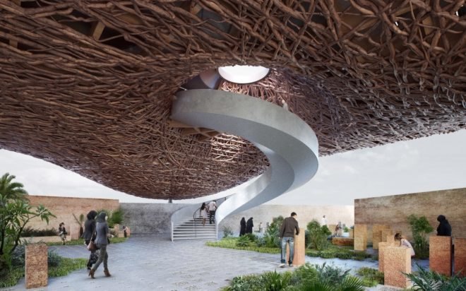 rendering of wood pavilion with skylight and spiraling staircase