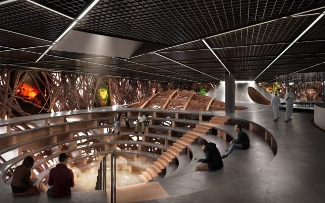 rendering of round amphitheater with bench seats