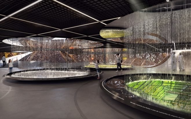 rendering of water features in a wood pavilion