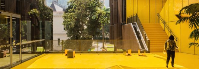 yellow outdoor patio with city views
