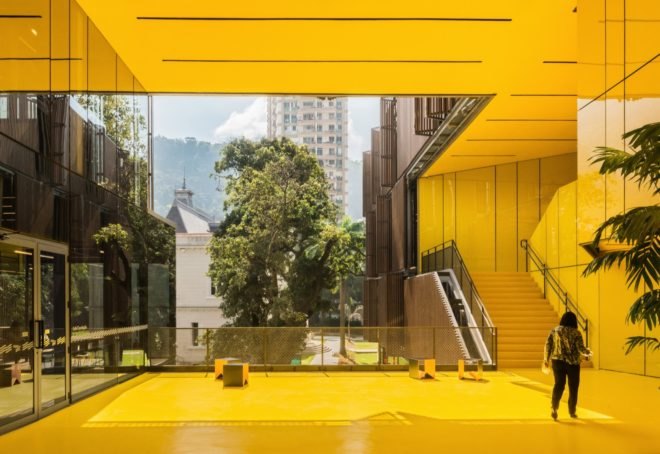 yellow outdoor patio with city views
