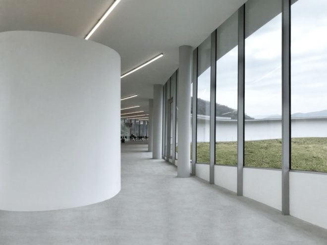 white room with glass walls