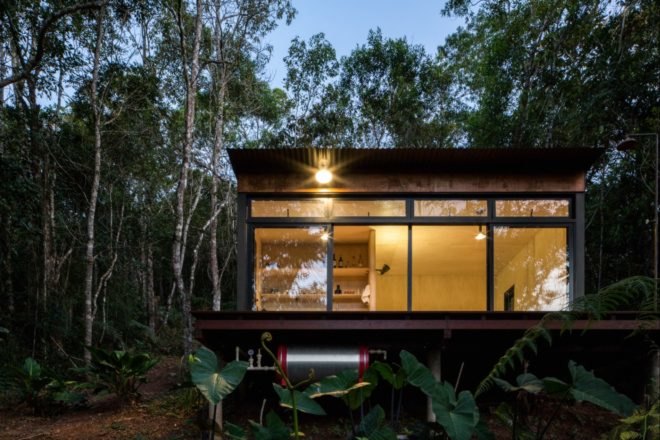 cabin with glass wall in a forest