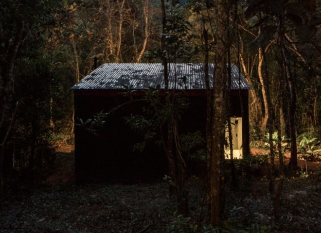 black cabin in a forest at night