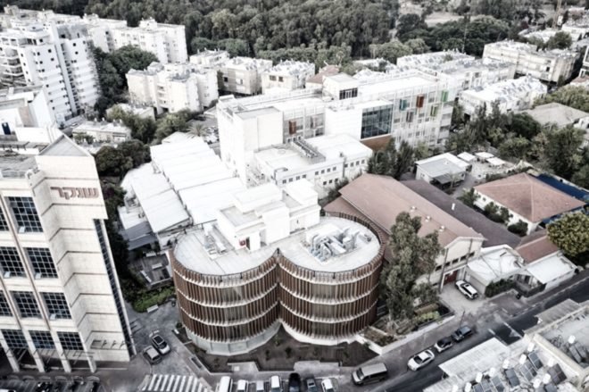 detailed view of the building and surrounding city from high vantage point